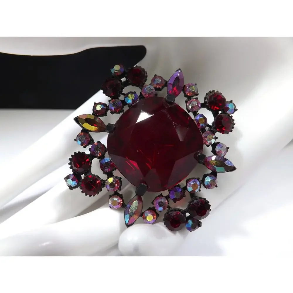 Red Large Rhinestone Aurora Borealis Brooch, Japanned Black Enamel 1970s Vintage